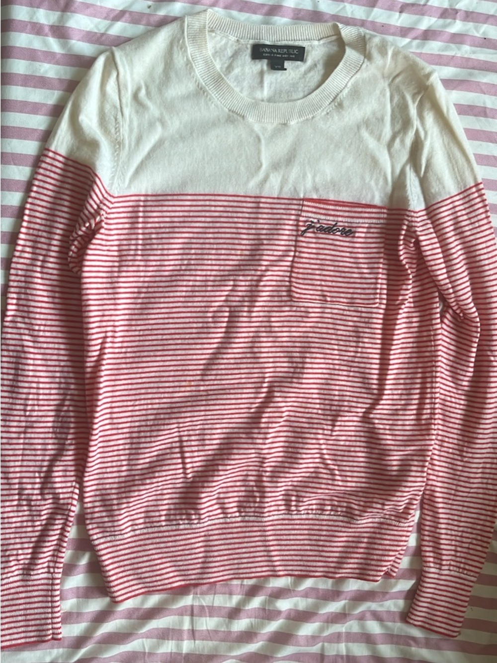 Banana Republic merino wool Cream and Red Striped Crewneck Sweater